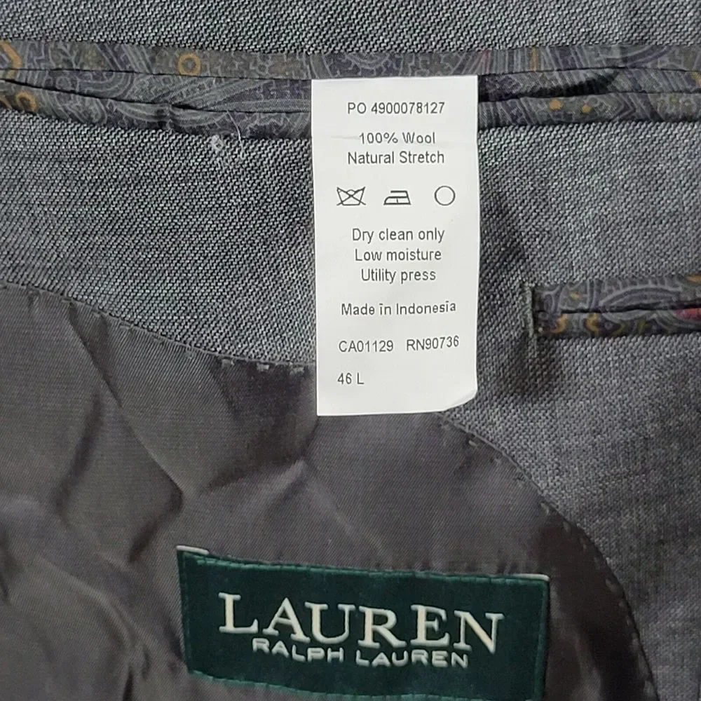 Lauren Ralph Lauren Men's Sport Coat Blazer Gray Natural Wool‎ Stretch Size 46L